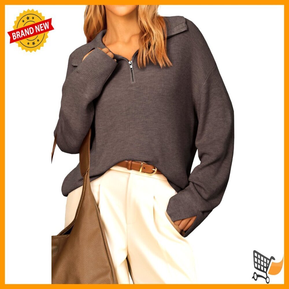Wool Blend Quarter Zip Pullover Sweater Oversized Lapel Chic Casual Winter Top